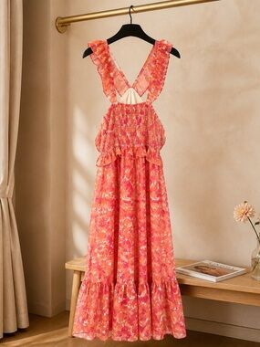 Grace Karin Pink and Coral Floral Ruffle Dress